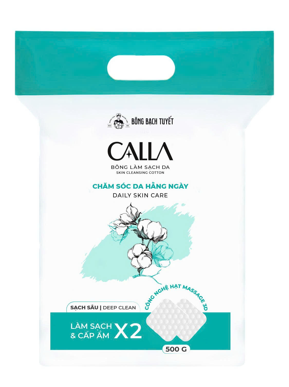 Bông tẩy trang Calla Bạch Tuyết màu xanh sạch sâu 500gr 